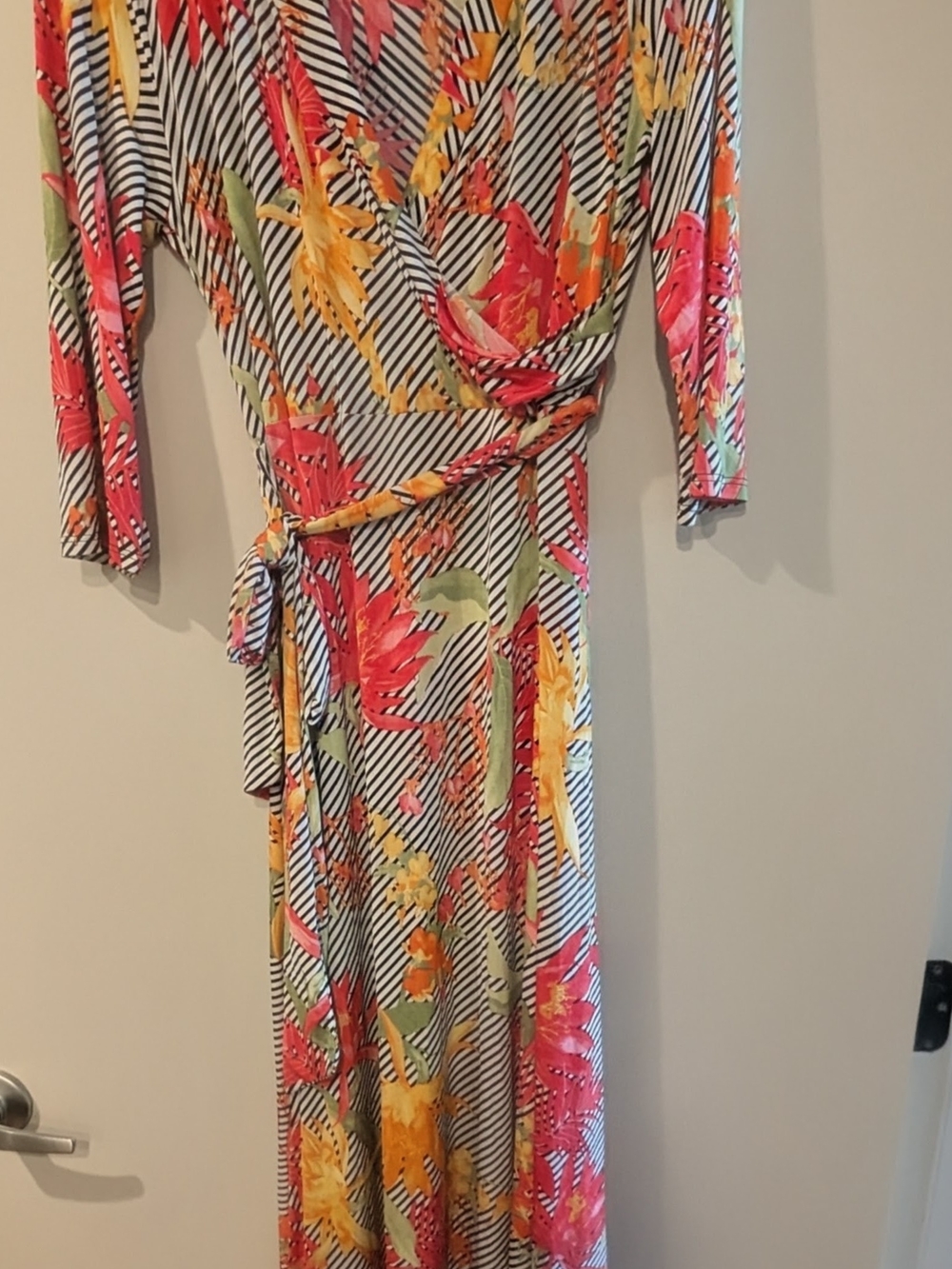 Floral Stripe Wrap Maxi Dress in Coral, Yellow & Black-White XL